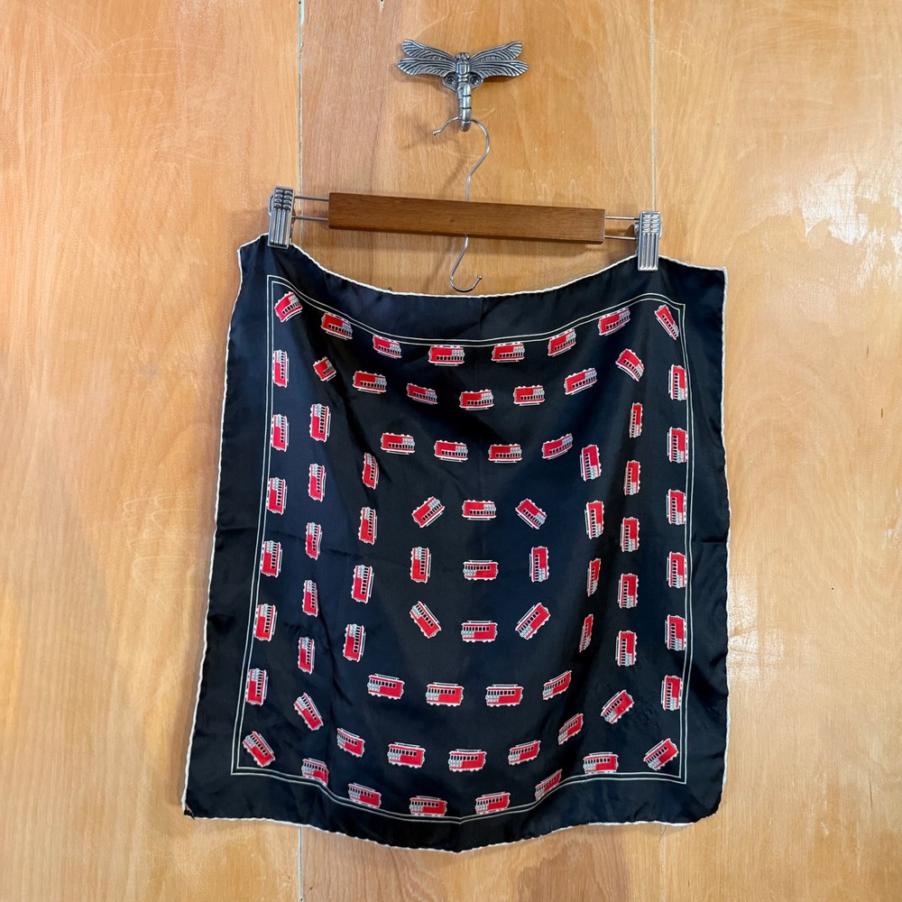 Whimsical Vintage Italian Silk Scarf Red Trolley Cable Car Hand Rolled 18x18